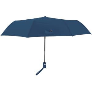 A navy blue umbrella with a logo, featuring a compact design and a comfortable grip handle.