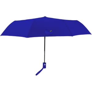 A blue Santana umbrella with a straight handle and a strap, featuring a simple design and a logo.