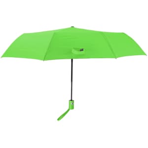 A bright green umbrella with a black handle and a strap, featuring a logo on the handle.
