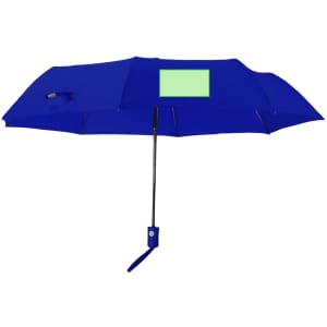 A blue umbrella with a handle and a branding space on the canopy. It features a classic design for leisure and outdoors.