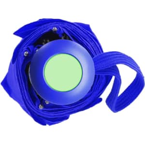 A blue umbrella with a circular handle and a strap, featuring a central green section.