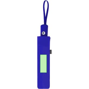 A blue umbrella stored in a matching case with a loop handle and a logo.