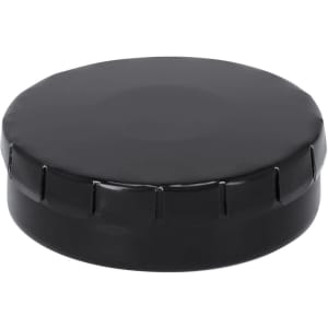 A black circular lid with ridged edges, designed for a product container. It features a smooth top surface.