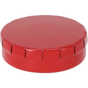 A red circular candy dispenser with notched edges, designed for mints. Features a smooth, glossy surface.