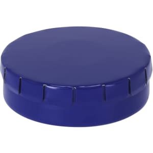 A blue candy dispenser with a rounded top and segmented edges, featuring a smooth finish. It has a logo on the surface.