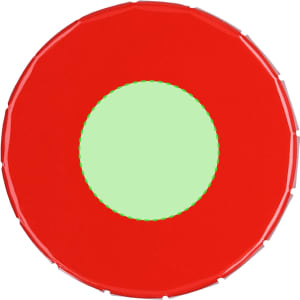 A red Mizzen Candy Dispenser with a green circular dispensing area and a textured edge.