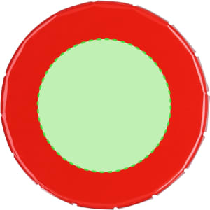 A round candy dispenser in red with a green circular opening at the centre. It features a logo on the surface.