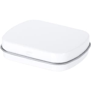 A rectangular white candy dispenser with a silver rim and a smooth surface, suitable for mints.