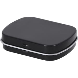 A black rectangular candy dispenser with a silver trim and a flip-top lid. It has a smooth surface and a compact design.