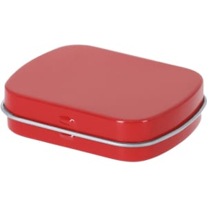 A red metal candy dispenser with a rounded square shape and a silver rim. It has a logo on the surface.