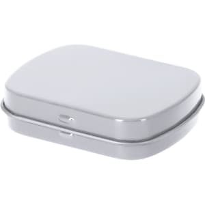 A silver mint tin with a smooth, rounded shape and a hinged lid. It has a logo on the top.