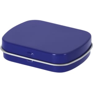 A blue, rectangular metal tin with a silver band around the edge, designed for holding mints or confectionery.