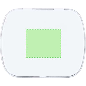 A square mint container with a transparent lid and a light green square design in the centre.