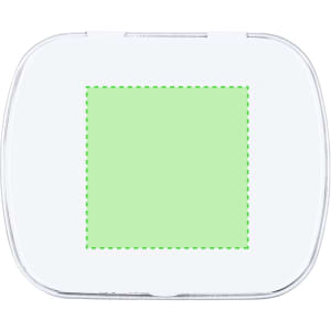A transparent mint container with a square green section in the centre. It features a logo on the front.