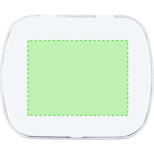 A rectangular mint candy dispenser in transparent casing with a green interior. It features a branding logo.