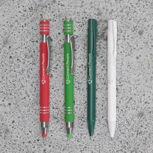 A selection of four stylus touch ball pens in red, green, dark green, and white, featuring a logo on each.