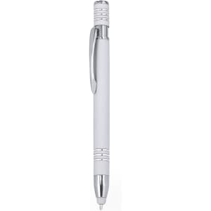 A white ballpoint pen with a stylus tip and chrome accents, featuring a sleek, modern design and a clip.