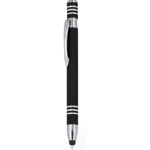A black stylus touch ball pen with silver accents and a grip section. Features a clip and logo branding.