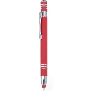 A red Harkin Stylus Touch Ball Pen with chrome accents and a stylus tip, featuring a logo.