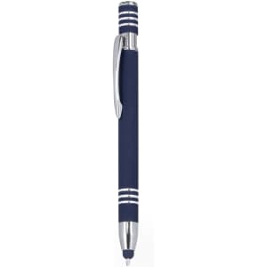 A navy blue stylus touch ball pen with silver accents and a branded logo.