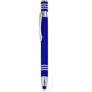 A blue stylus touch ball pen with silver accents and a branding logo.