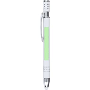 A sleek white stylus touch ball pen with a green accent and a chrome clip, featuring a logo.