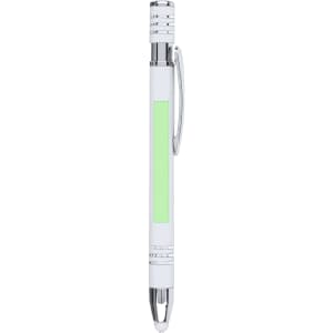 A white stylus touch ball pen with chrome accents and a green section for branding.