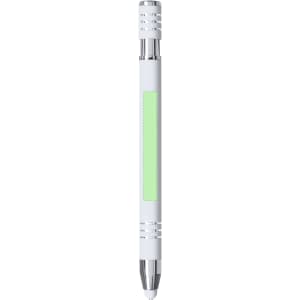 A white stylus touch ball pen with chrome accents and a blank area for custom branding.