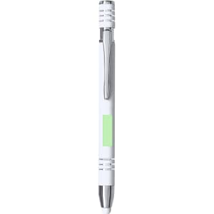 A white stylus touch ball pen with a chrome clip and a branding area.