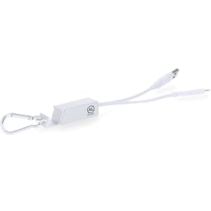 A white USB hub with a carabiner clip, featuring a USB connector and an audio jack. It includes a logo.