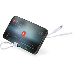 A black smartphone is connected to a USB hub with a white cable and a carabiner clip, displaying a video screen.