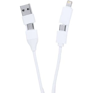 A white USB charger hub with connectors at both ends. It features a branding logo on the body.