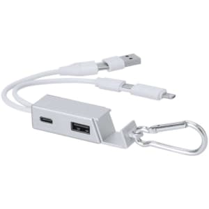 A silver USB hub with multiple connectors and a carabiner clip for easy attachment.