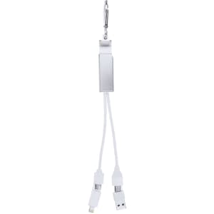 A USB hub with a silver body and white cables, featuring a carabiner for attachment.