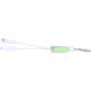 A USB hub in white with a silver casing, featuring dual connectors and a carabiner for attachment.