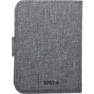 A grey fabric wireless charger with a texture finish, featuring a logo on the front.
