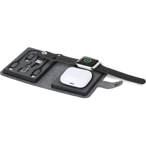 A wireless charger set featuring a grey charging mat, a smartwatch, and wireless earbuds, along with assorted cables and connectors.