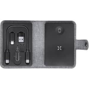A wireless charger in a grey fabric case, including USB cables and connectors in a neat arrangement. Contains a logo.