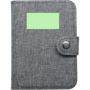 A grey folder with a textured fabric finish and a green window, featuring a snap button closure and logo.
