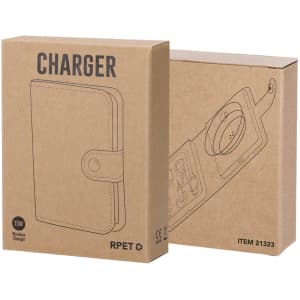 A wireless charger packaging in a plain brown box with a minimalistic design and an attached flap.