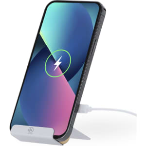 A wireless charger with a sleek stand, featuring a black phone displaying a charging symbol. The base has a logo.