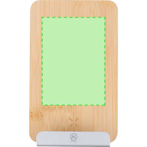 A wireless charger in a bamboo finish with a green, empty space for branding or a design, featuring a silver stand.