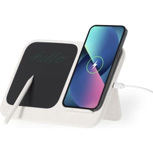 A white LCD writing tablet charger with a black writing surface, angled stand, and a smartphone charging wire.