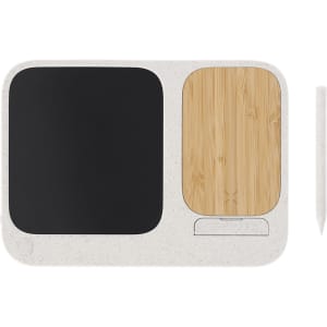 A wireless charger featuring a black LCD writing surface, a bamboo section, and a stylus, in a light grey frame.