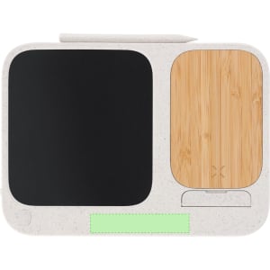 A rectangular writing tablet with a black screen, bamboo accent, and a stylus on top, featuring a green section.