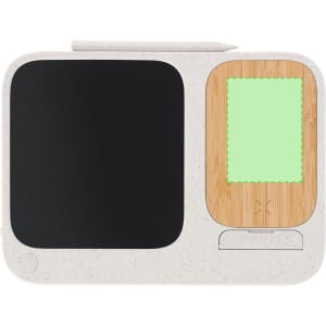 A sleek, white LCD writing tablet charger with a black writing surface and a green accent area, accompanied by a stylus.