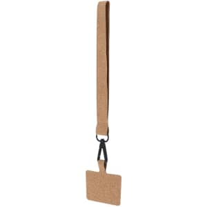 A cork holder bracelet in a natural brown hue with a black clip for attachment. Includes a rectangular holder.