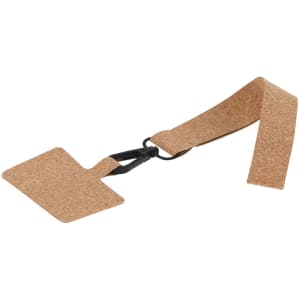 A cork holder bracelet in natural brown with a flexible strap and a flat attachment. Features a logo.