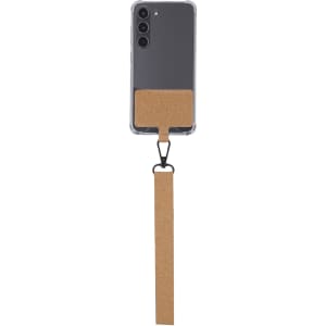 A phone with a holder attachment featuring a cork strap and a clear case. It includes a logo on the holder.