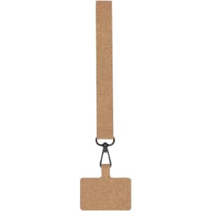 A cork phone holder bracelet with a clip, featuring a simple rectangular design in natural tones.